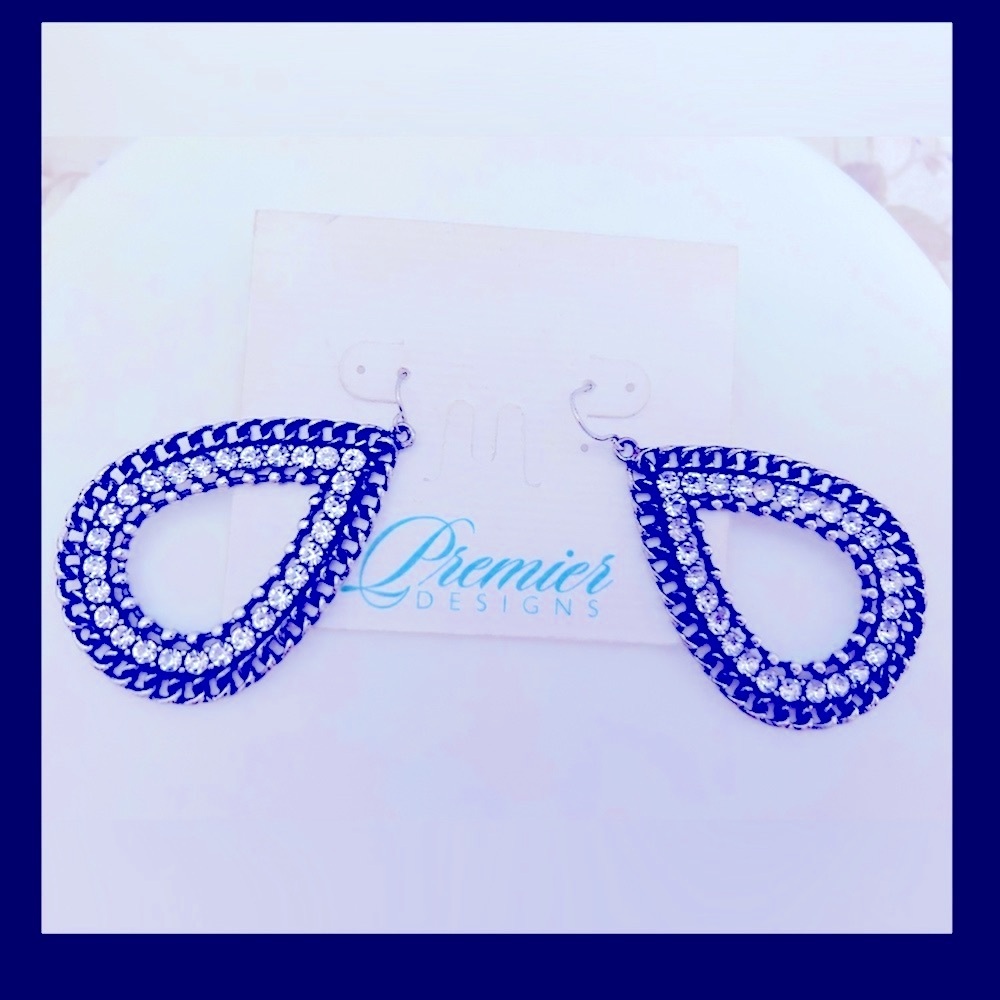 NWT earrings Premier Designs teardrop w faceted crystals, chain border, pierced